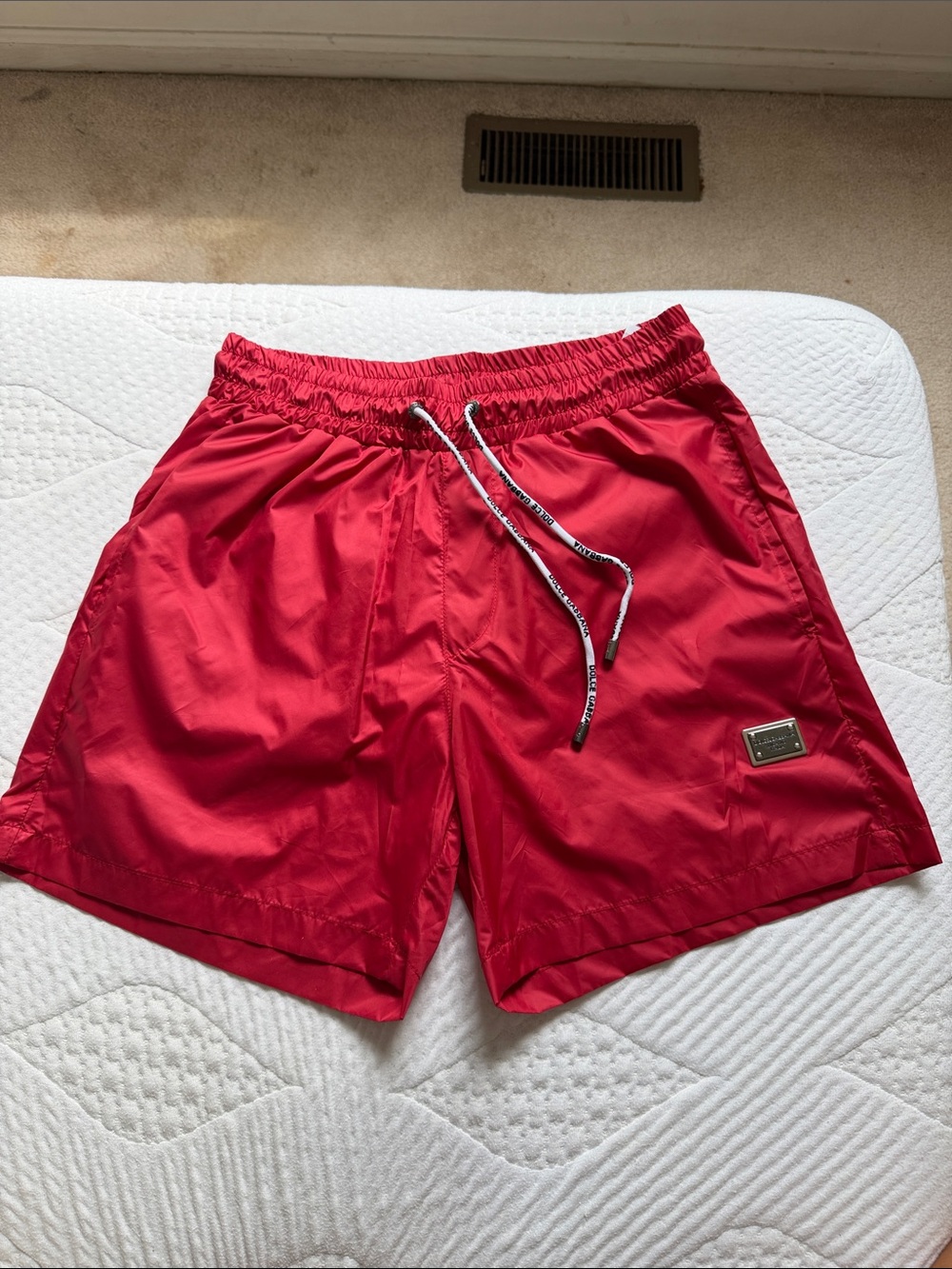 Dolce & Gabbana Red Nylon Swim Shorts with Logo Plaque